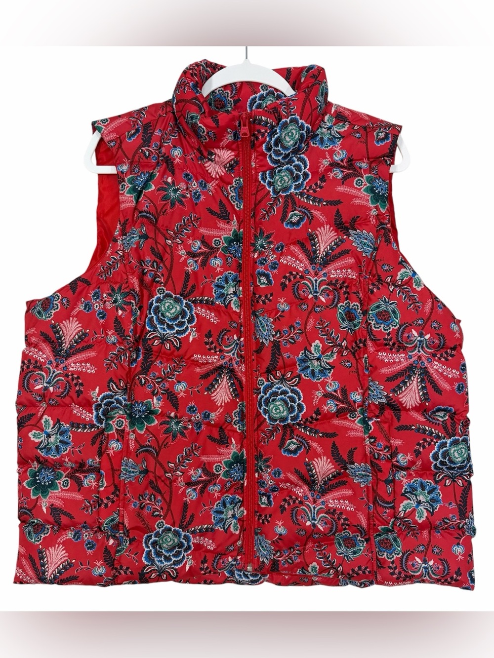Lands’ End Women’s Down Puffer Vest Red Blue Floral 600 Fill Size 1X